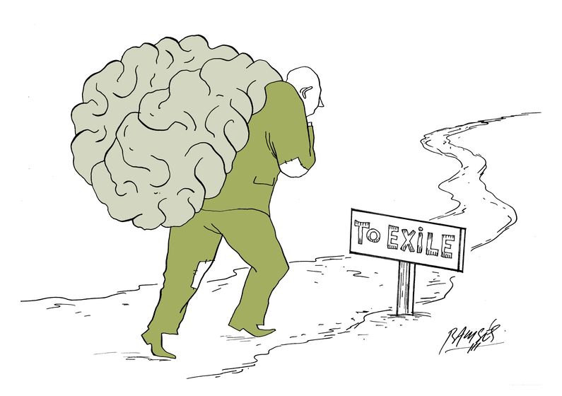 Um homem usando trapos, coloca um saco nas costas, que se assemelha ao cérebro humano, e anda por uma trilha que diz "para o exílio".