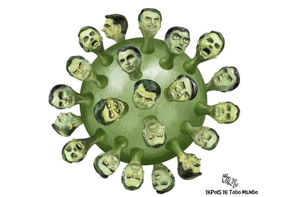 Charge comparando a estrutura do SARS-CoV-2 com várias cariacaturas de Bolsonaro nas pontas